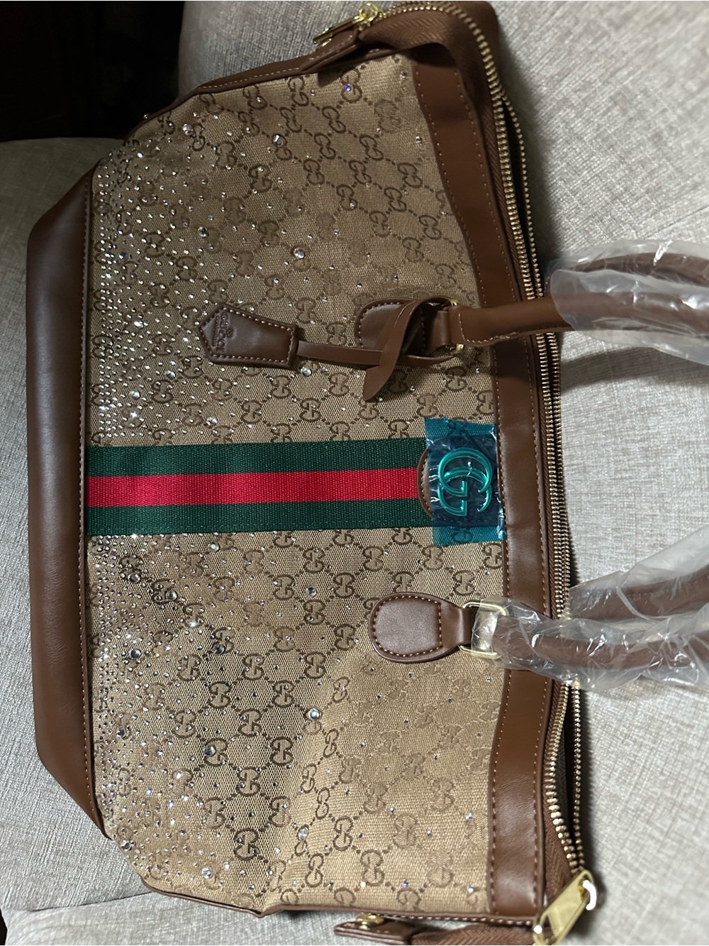 Brown Bling GG Canvas Tote with Signature Web Stripe - Picture 9 of 11
